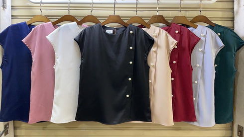 Women Premium Satin Pearl Decor Short Sleeves Tops